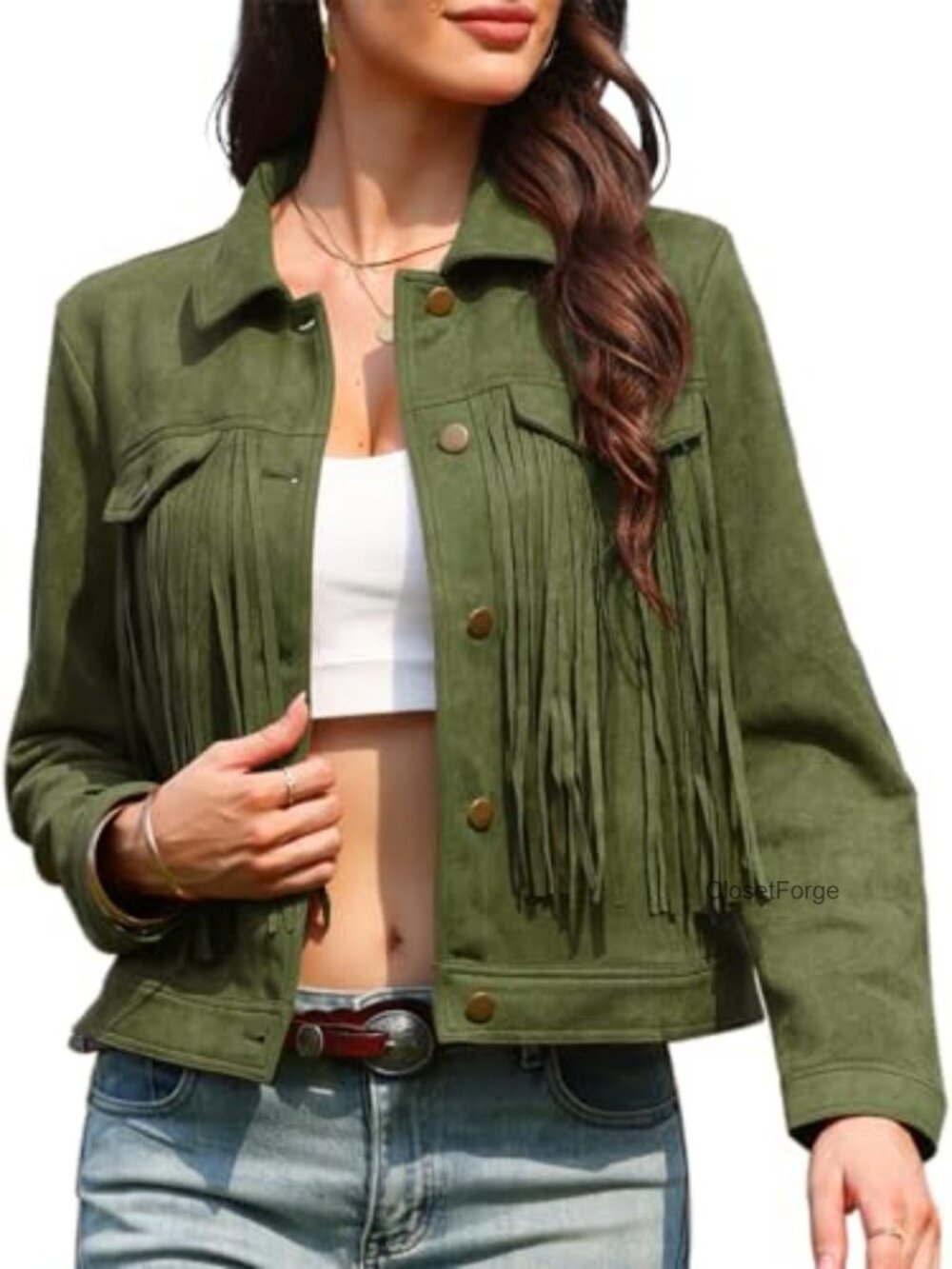 Faux Suede Fringe Cowgirl Jacket Long Sleeve Button Down